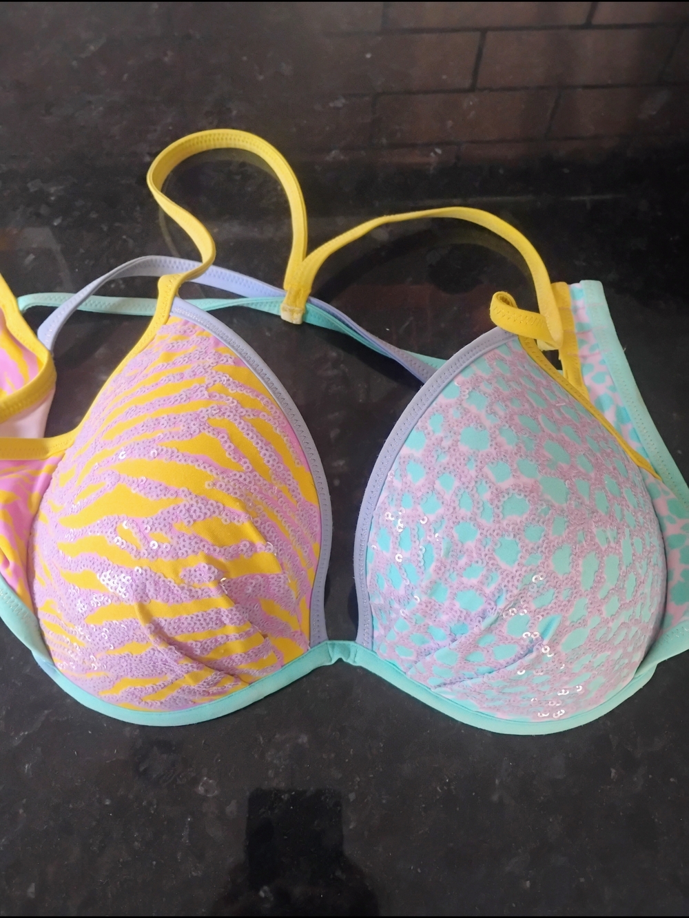 Victoria's Secret Multicolor Sequin Push-Up Bra in Yellow, Pink & Mint 34DD